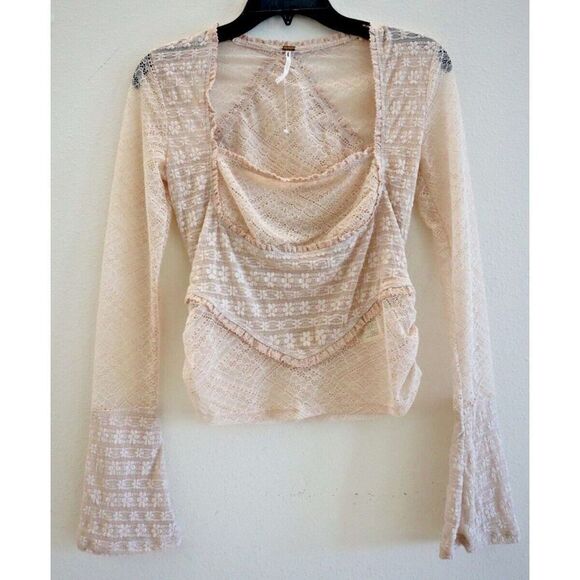 Free People OB1656955 Women's Sz S Cream L/S Lace My Party Top Blouse - Picture 1 of 8